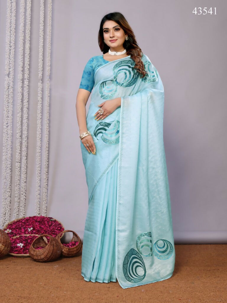 Sky Blue Organza Crepe Printed Stone Work Saree - Norita Saumya | Grocsy