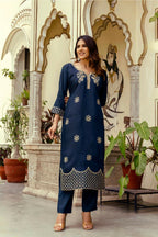 The52 Navy Blue Women's Beautiful Viscose Chanderi Fabric Thread Work Straight Kurta Pant and Dupatta Set | Grocsy