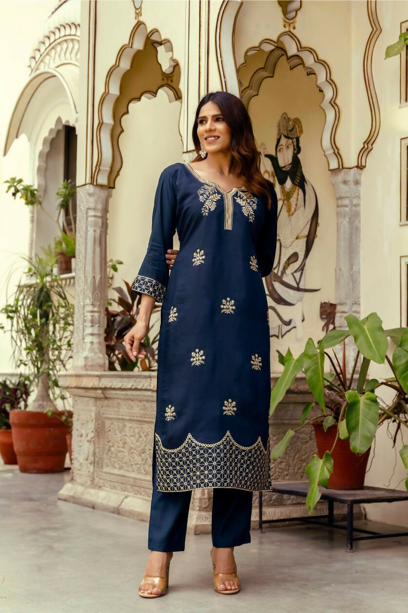 The52 Navy Blue Women's Beautiful Viscose Chanderi Fabric Thread Work Straight Kurta Pant and Dupatta Set | Grocsy