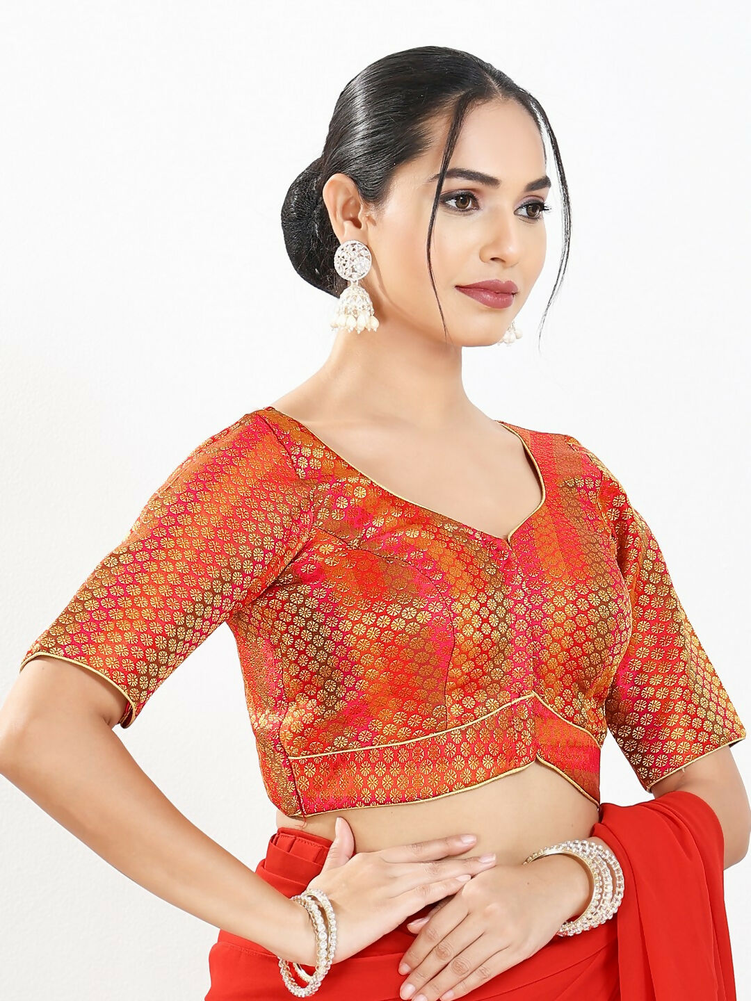 Joban Fashion Red Brocade Padded Blouse With Sweetheart Neck Elbow Sleeves | Grocsy