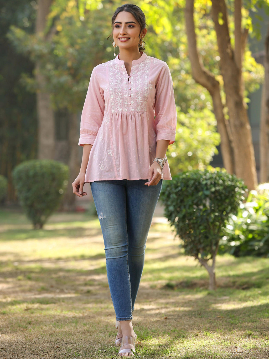 Juniper Women's Pink Cotton Solid With Embroidered Straight Tunic | Grocsy