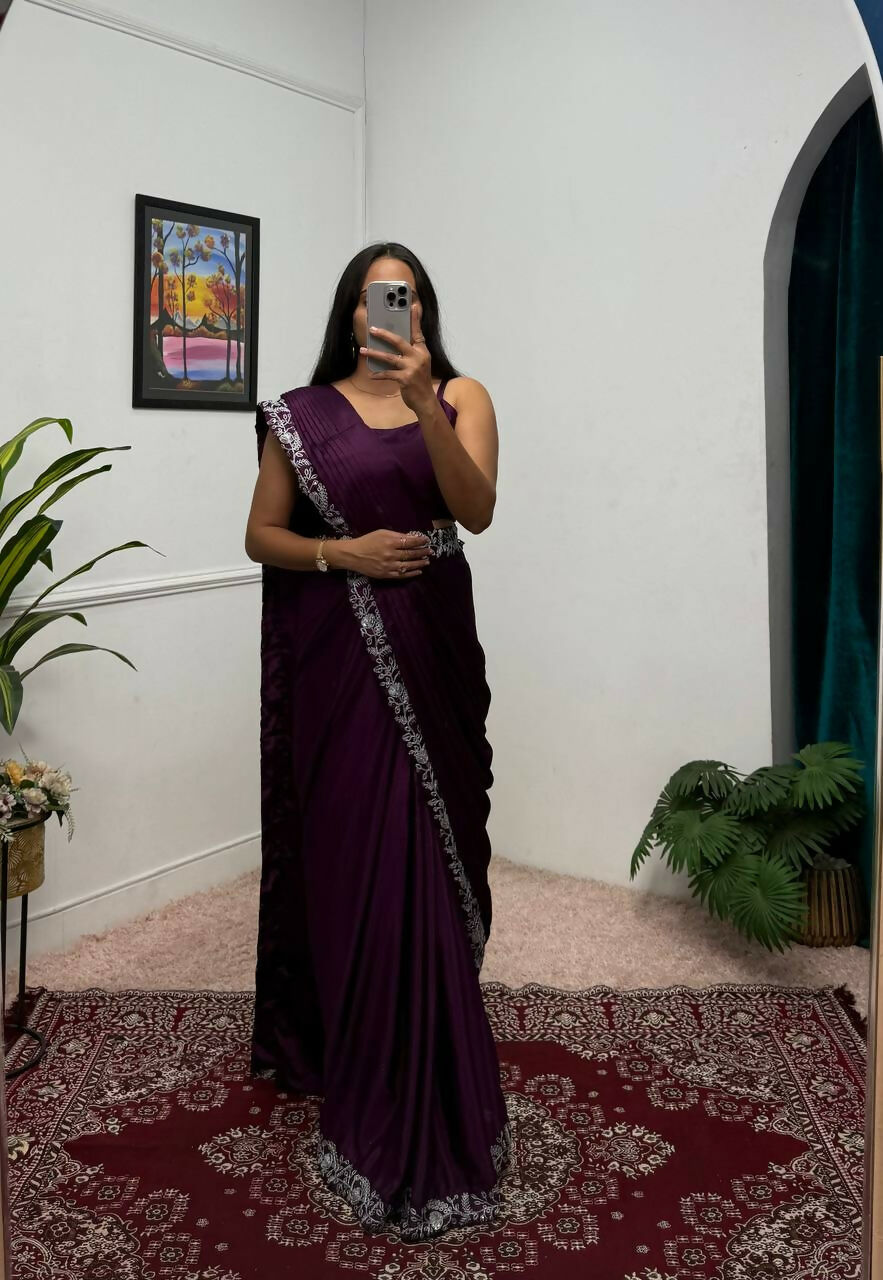 Teeya Creation Wine Color Chinon Silk Wedding Wear Ready To Wear Saree With Koti | Grocsy