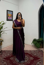 Teeya Creation Wine Color Chinon Silk Wedding Wear Ready To Wear Saree With Koti | Grocsy