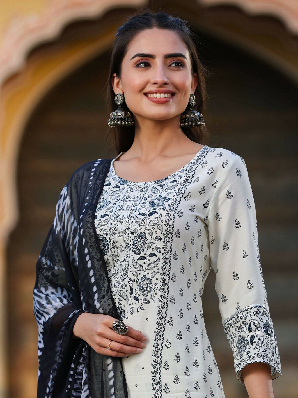 Juniper Women's Off White Rayon Floral Placement Kurta With Sharara And Dupatta Set | Grocsy