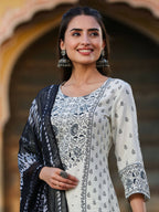 Juniper Women's Off White Rayon Floral Placement Kurta With Sharara And Dupatta Set | Grocsy