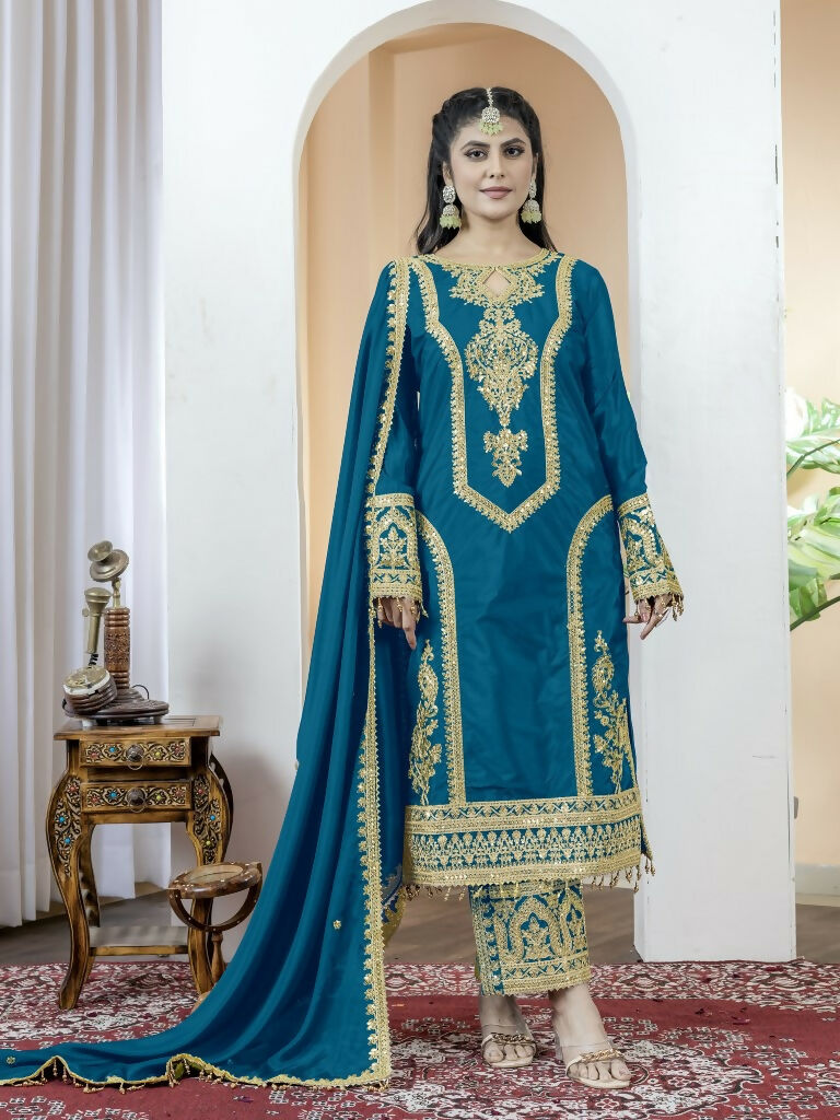 Teeya Creation Morepich Color Chinnon Silk Embroidery Work Fully Stitched Salwar Suit | Grocsy