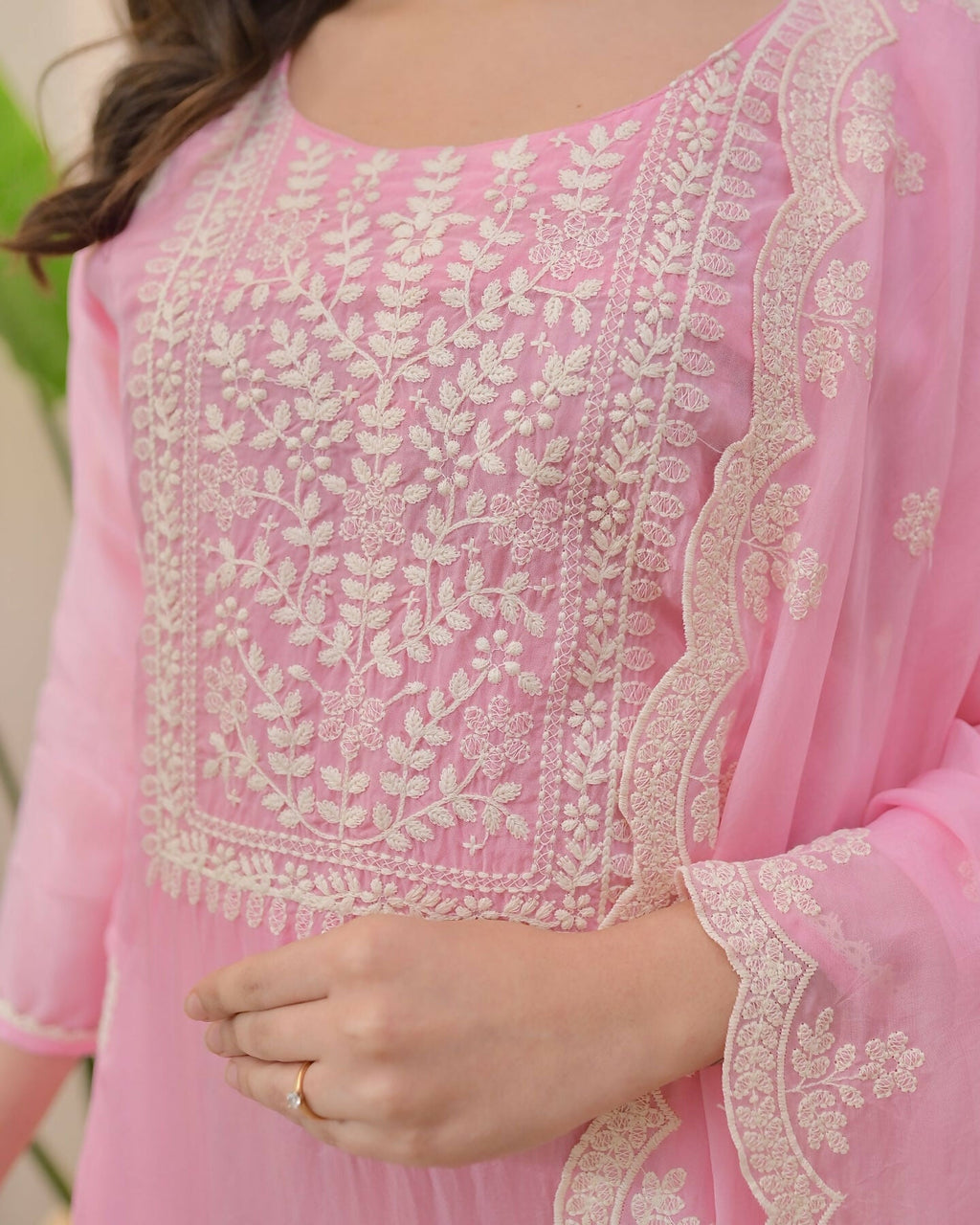 The52 Pink Women's Beautiful Chikankari Work Chanderi Fabric Straight Kurta Pant and Dupatta Set | Grocsy
