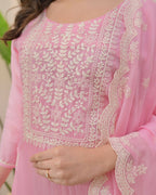 The52 Pink Women's Beautiful Chikankari Work Chanderi Fabric Straight Kurta Pant and Dupatta Set | Grocsy