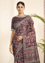 Purple Gajji Silk Floral Print with Hand work Border Saree - Norita Nirvi | Grocsy