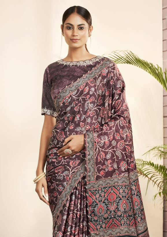 Purple Gajji Silk Floral Print with Hand work Border Saree - Norita Nirvi | Grocsy