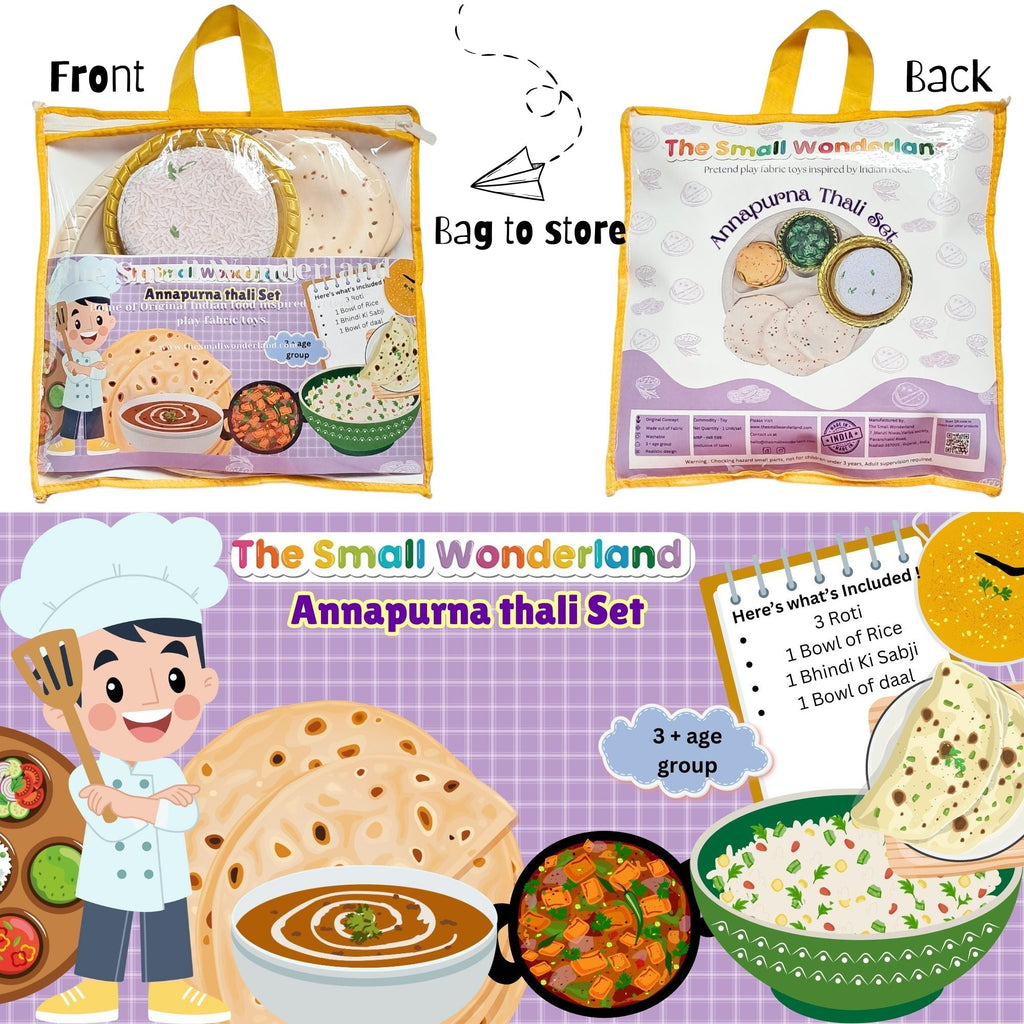 The Small Wonderland Annapurna Thali Pretend Play Set -Roti,Daal ,Rice ,bhindi ki sabji - Indian Food Inspired Pretend Play toys | Grocsy