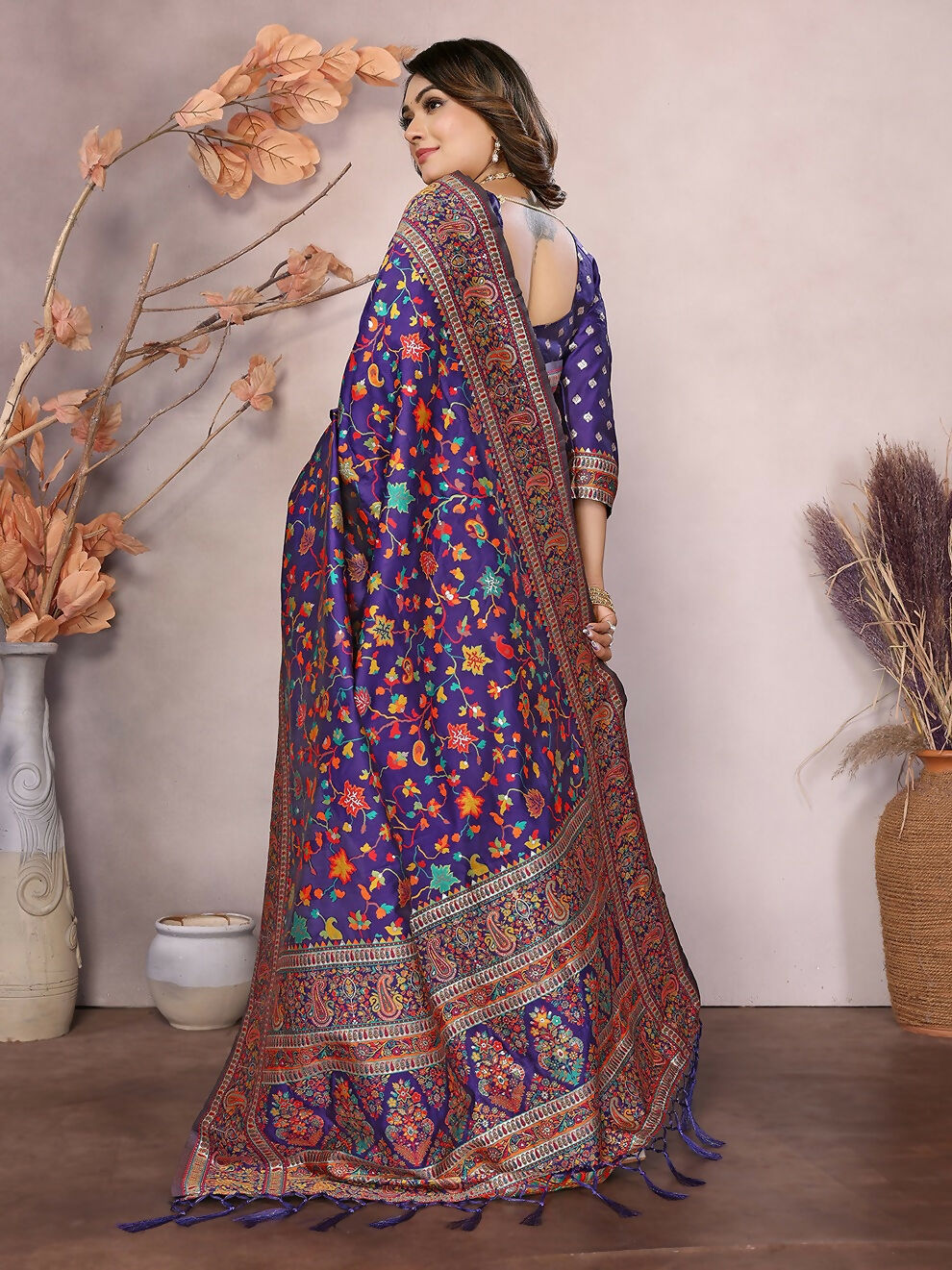 Joban Fashion Purple Meena Weaves Pashmina Sarees | Grocsy