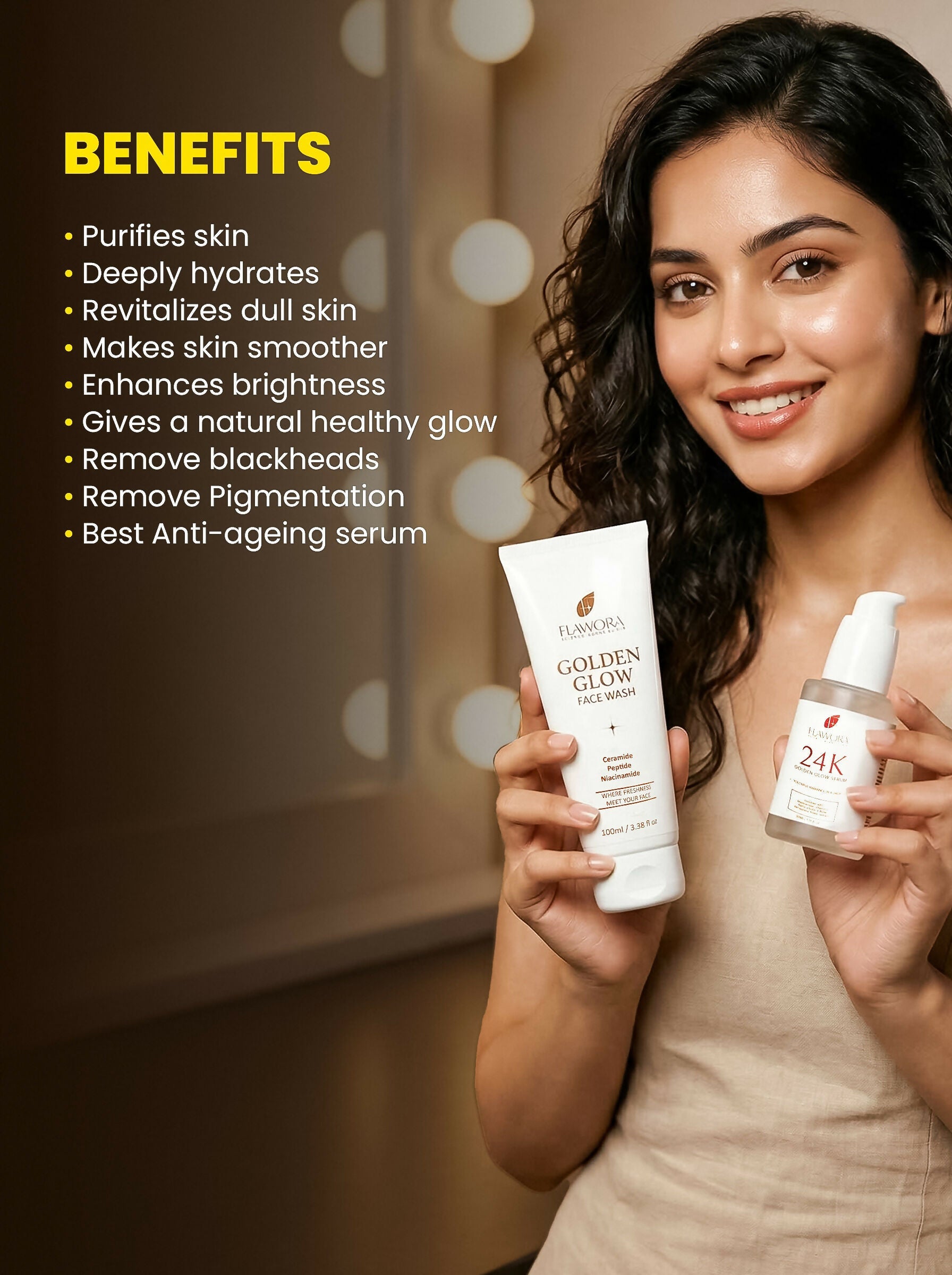 Flawora Set of Golden Glow Face Wash and 24k Golden Glow Face Serum | Grocsy