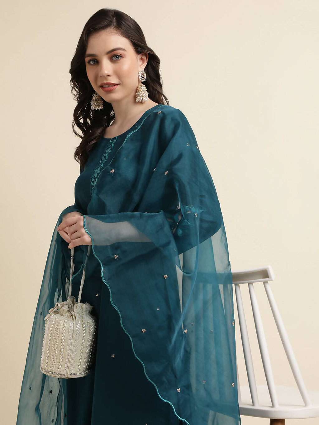 Teal Chinon Silk Embroidered Straight Kurta with Trouser & Dupatta - Salimar | Grocsy