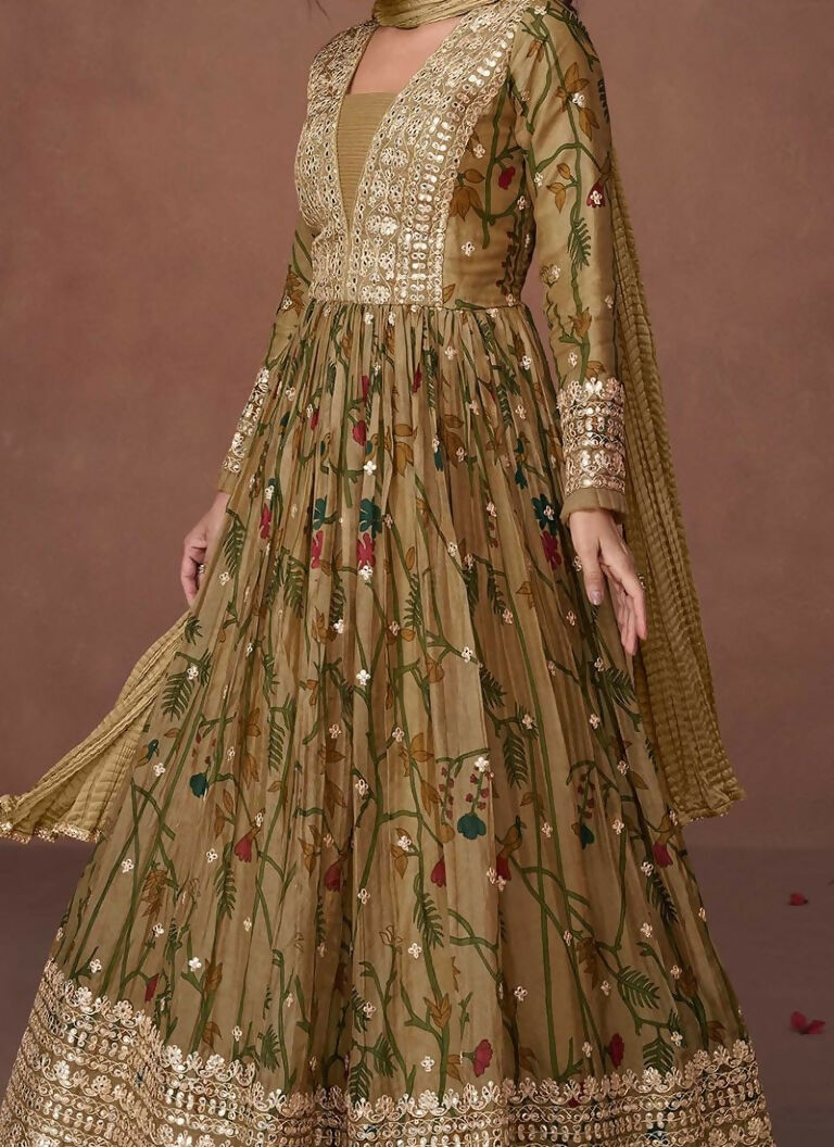 Vastranavya Green Organza Silk Floral Printed & Foil Mirror Work Anarkali Suit Set | Grocsy