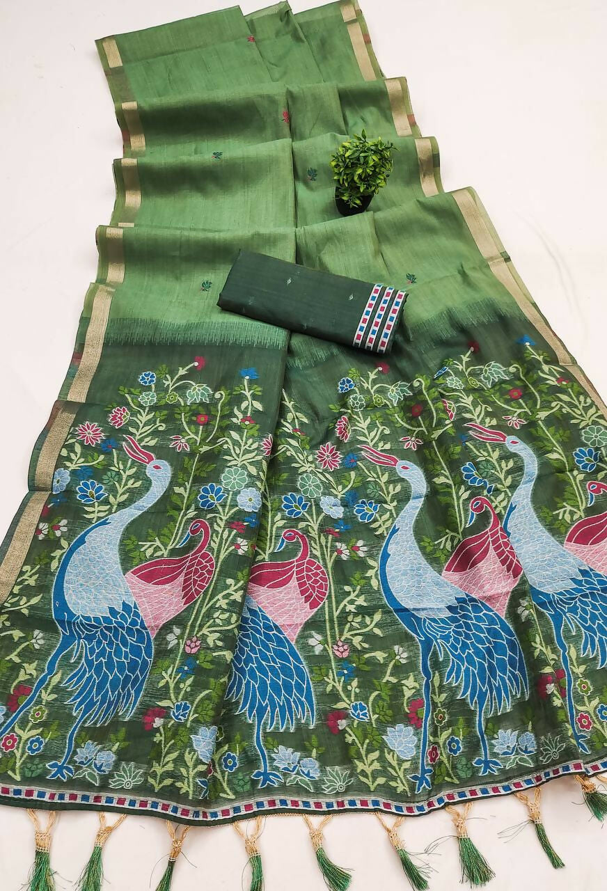Vastranavya Pista Muga Cotton Meenakari & Azarakh Pallu Saree with Contrast Blouse | Grocsy
