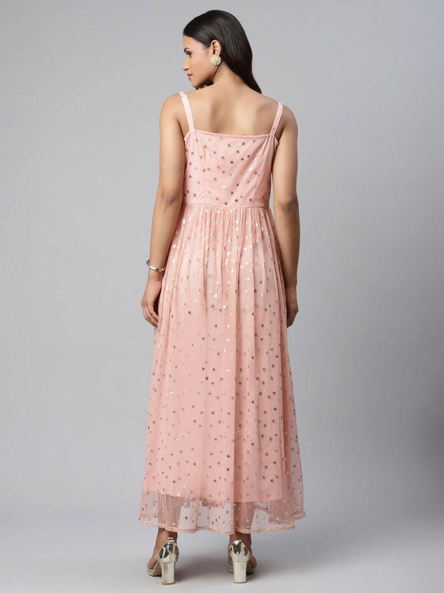 Ahalyaa Women Pink Net Gold Foil Print Dress | Grocsy
