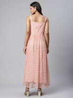 Ahalyaa Women Pink Net Gold Foil Print Dress | Grocsy