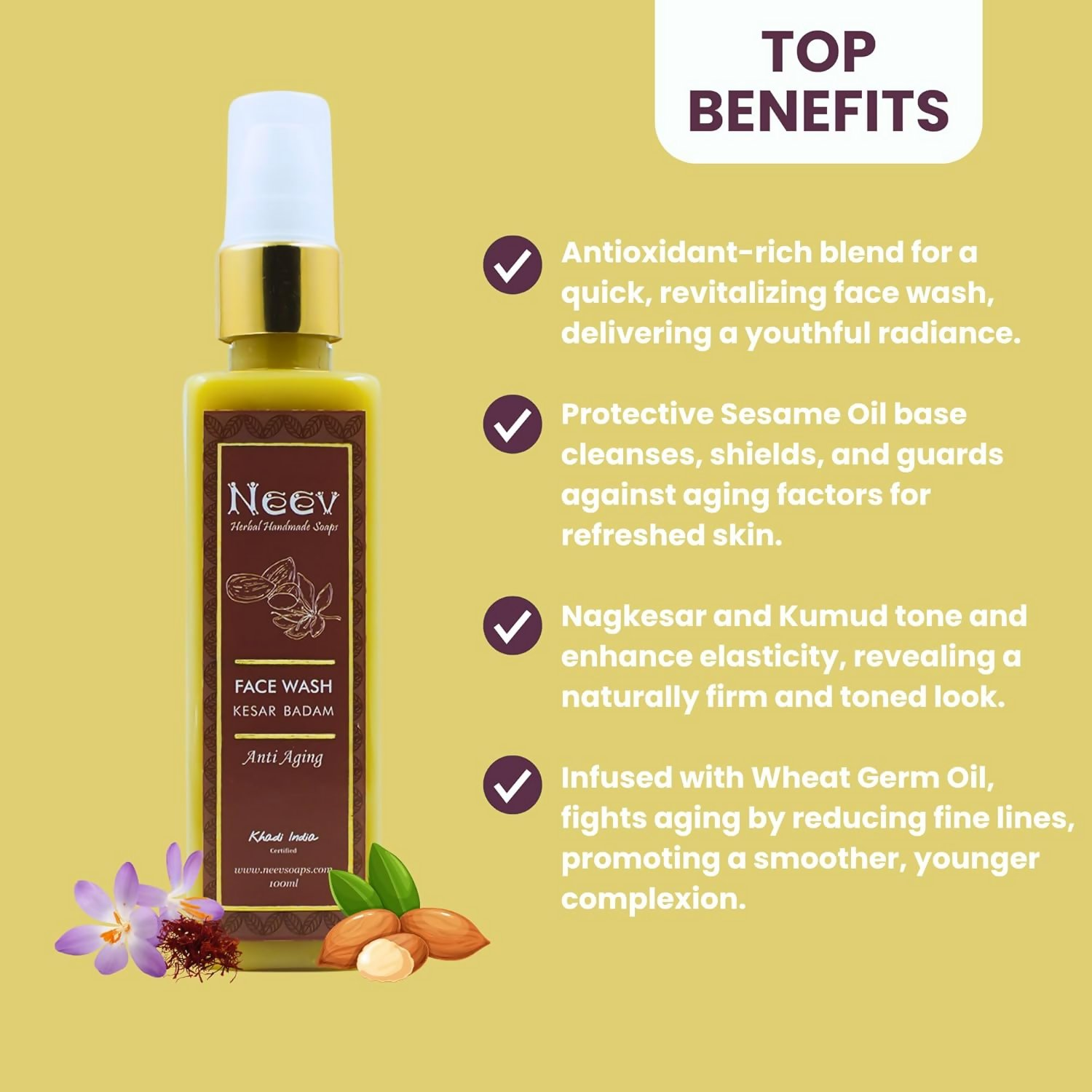Neev Herbal Handmade Soaps Anti Ageing Kesar Badam Face Wash | Grocsy