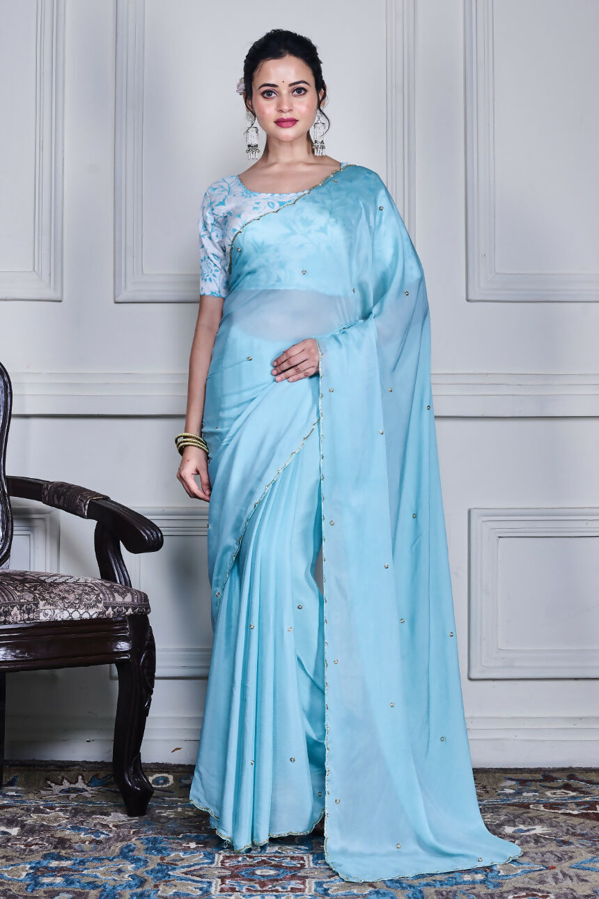 Morchari Blue Chiffon Hand Embroidery Saree And Stitched Blouse | Grocsy