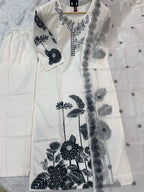 Teeya Creation New Womens Off-White Handloom Silk Embroidered Kurti Pant Set | Grocsy