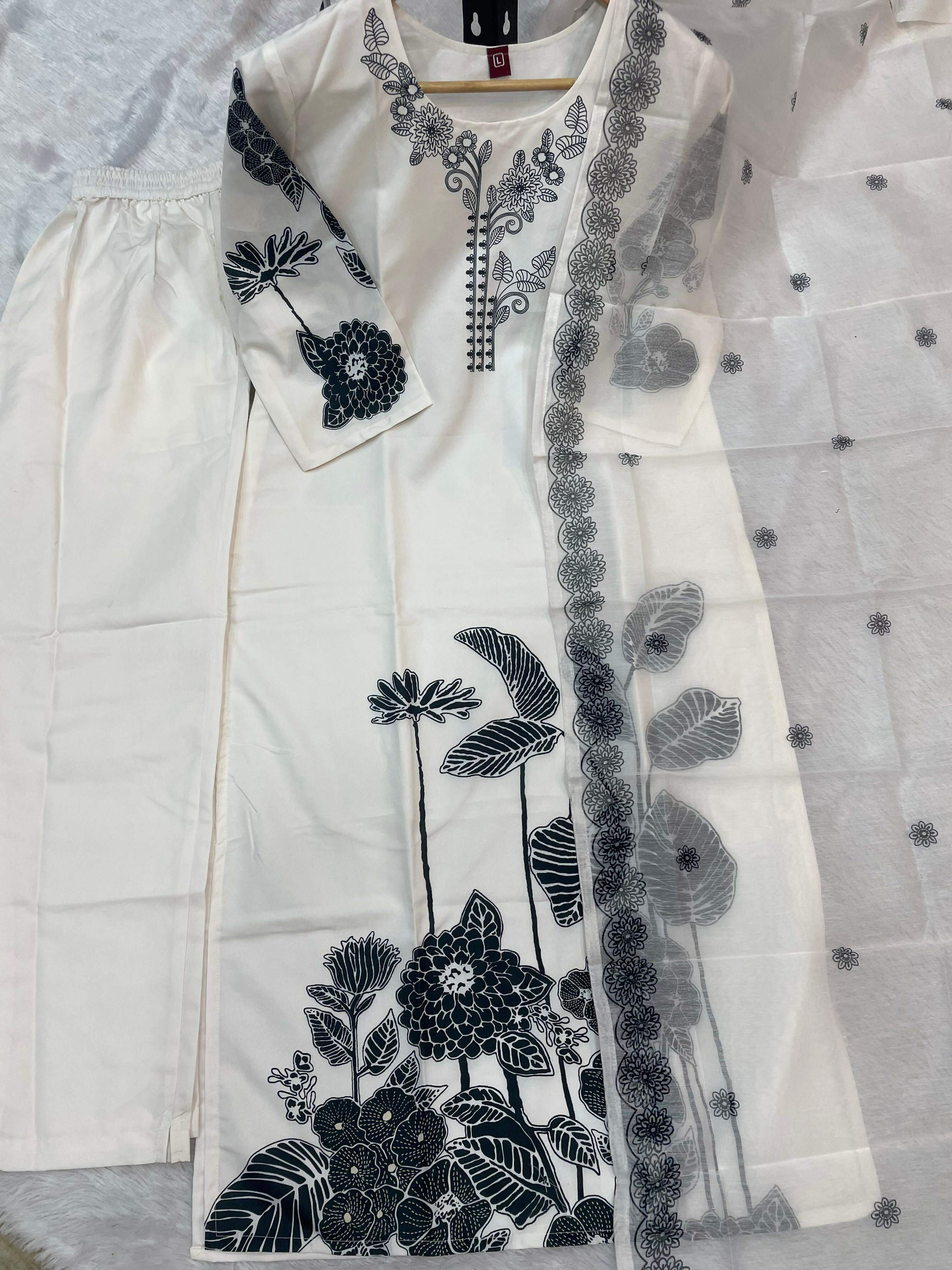 Teeya Creation New Womens Off-White Handloom Silk Embroidered Kurti Pant Set | Grocsy