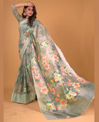Green Cotton Silk Floral Printed Saree With Unstitched Blouse Piece - Akshita | Grocsy