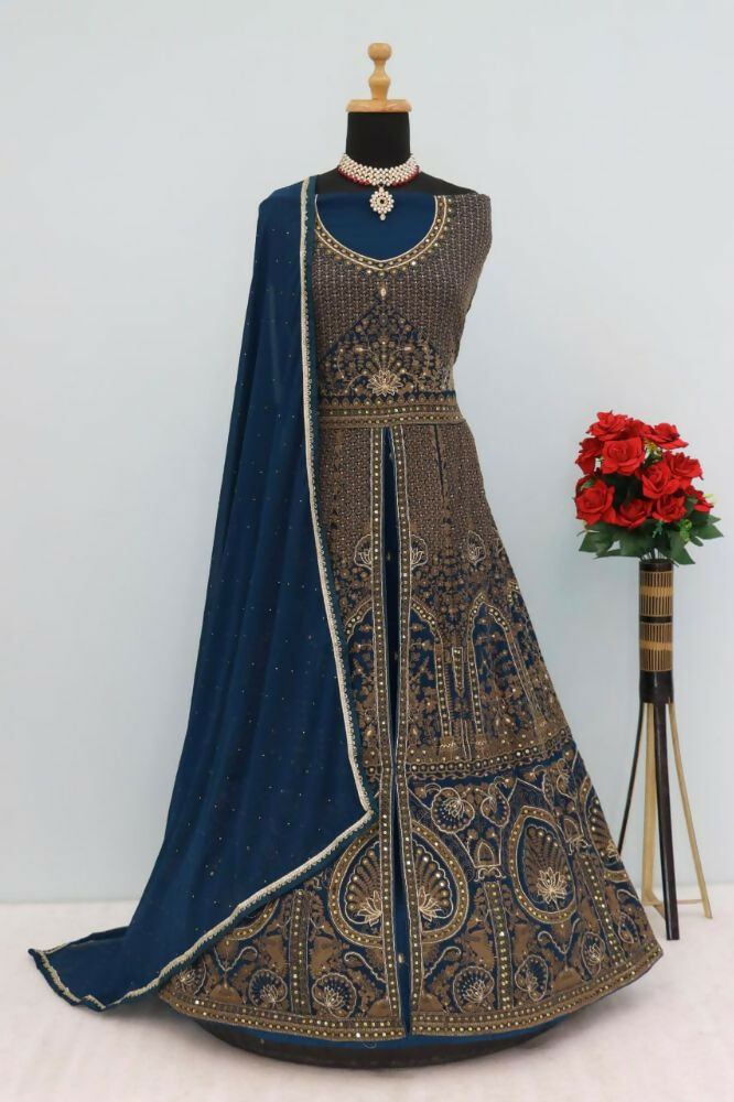Vastranavya Teal Georgette Embroidered Sequins Work Anarkali Style A Line Suits | Grocsy