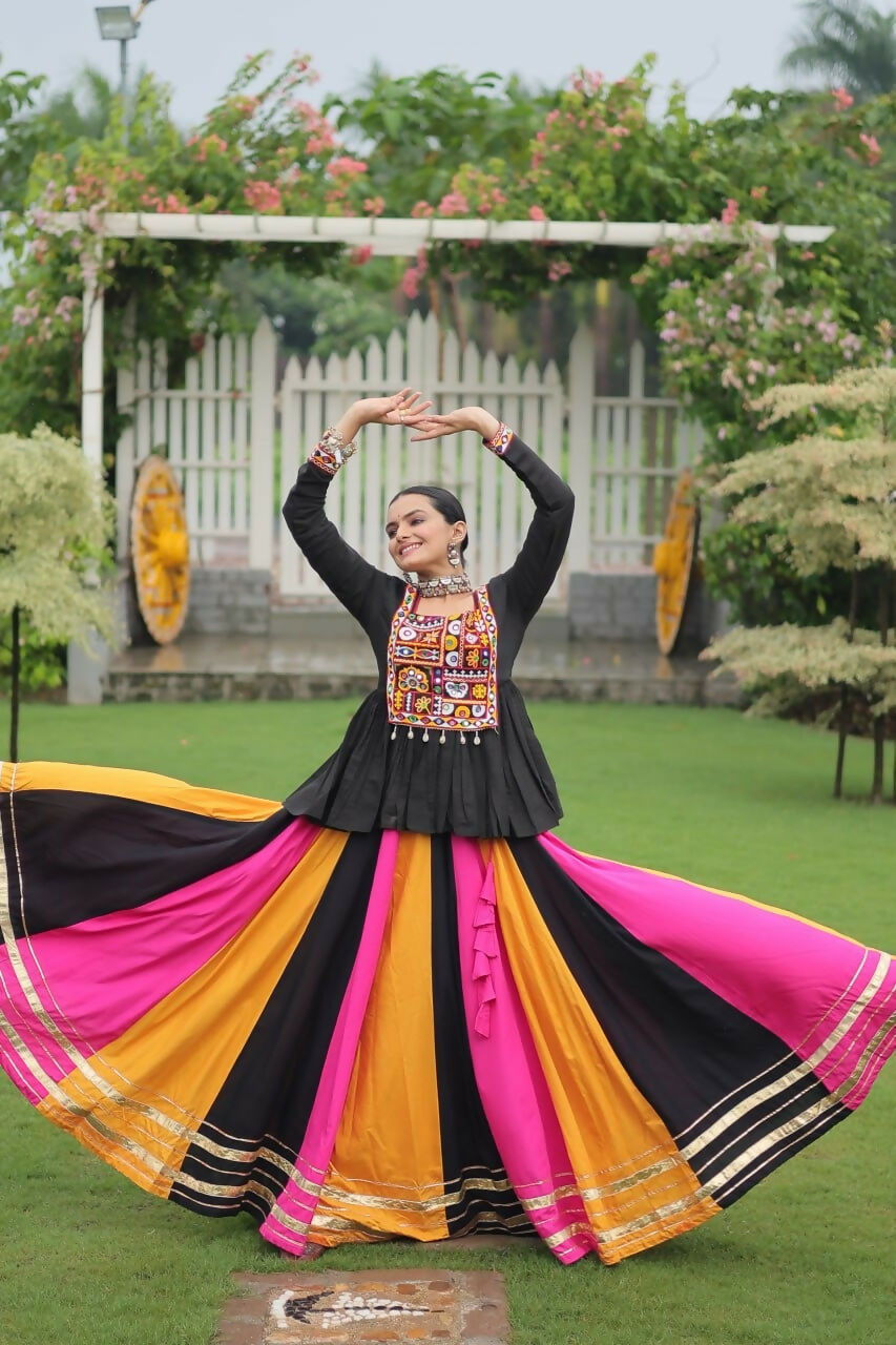Teeya Creation Multi Colour Reyon Silk Gamathi Work Navratri lehenga Choli | Grocsy