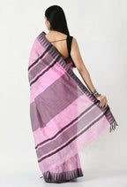 Mominos Fashion Moeza Baby Pink Bhagalpuri Handloom Silk Black Temple Border Saree with unstitched Blouse piece | Grocsy