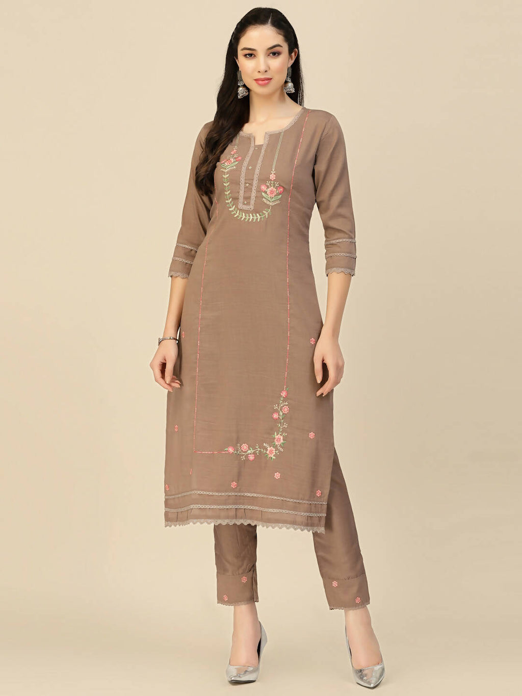Brown Embroidered Chinon Straight Kurta With Trouser & Dupatta - Salimar | Grocsy