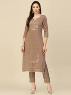Brown Embroidered Chinon Straight Kurta With Trouser & Dupatta - Salimar | Grocsy