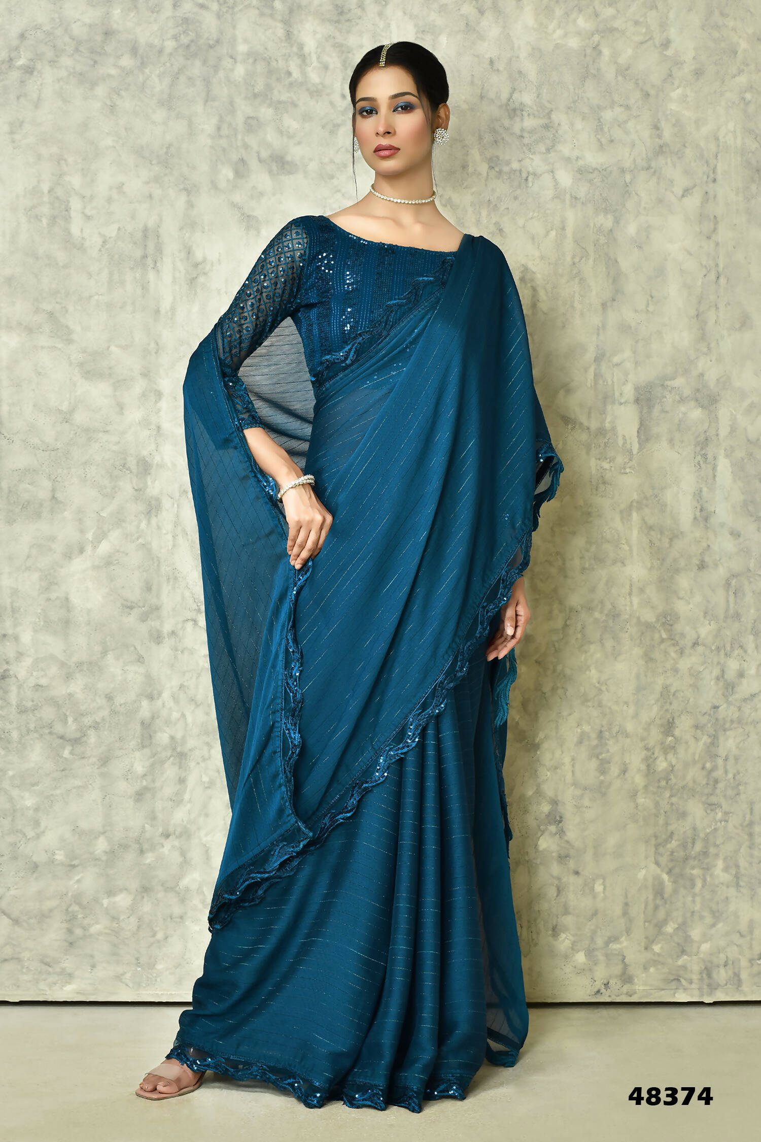 Blue Silk Stripe Saree With Blouse Piece - Purvi | Grocsy