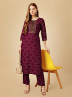 Jyoti Fashion Women's Wine Viscose Rayon Embroidered Kurta Pant Set | Grocsy