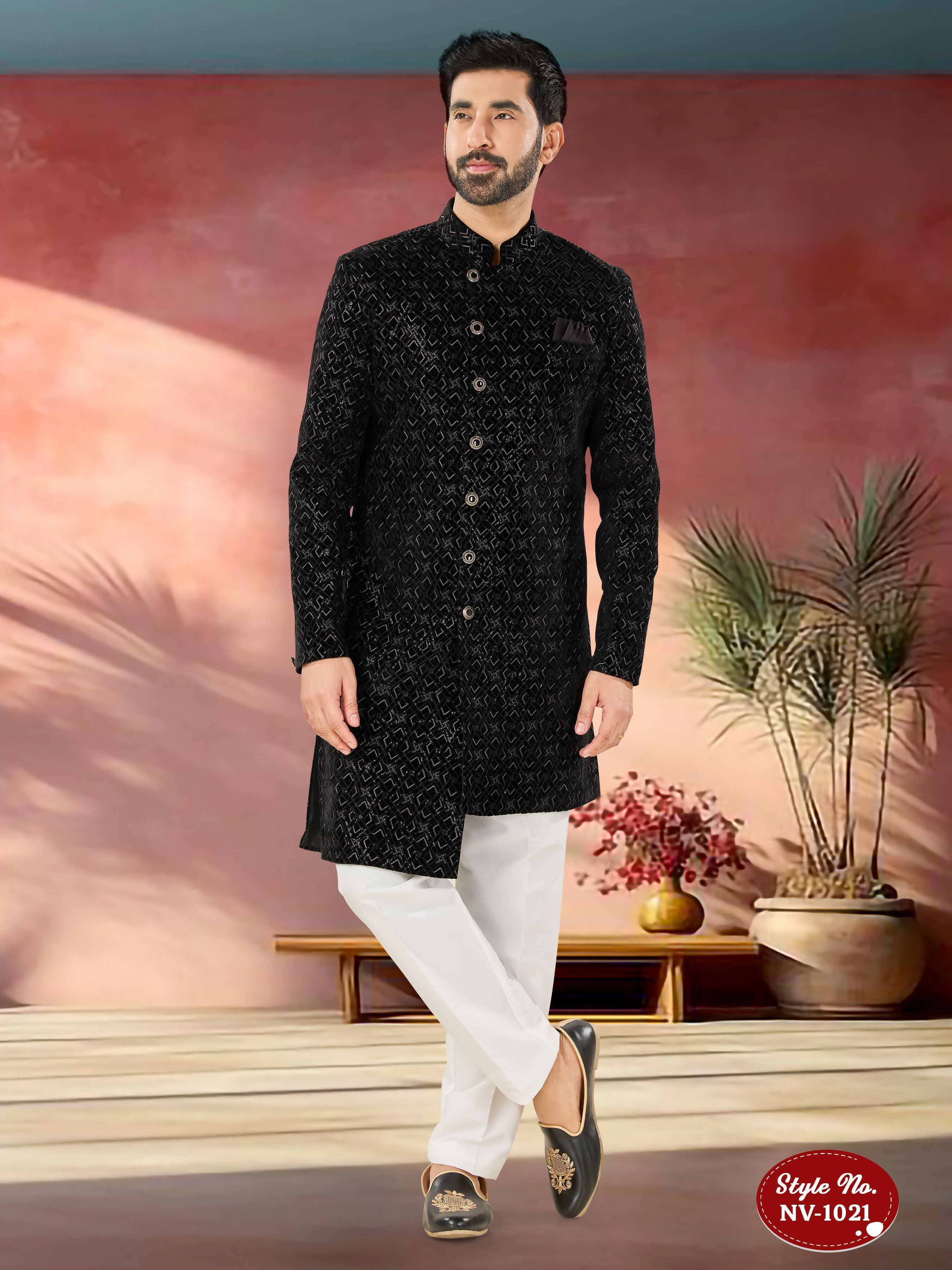 Joban Fashion Men's Black Base Straight Velvet Thread And Sequence Embroidary All Over Indo-Western Kurta Set | Grocsy