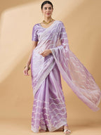 Purple Tissue Slub Embroidered Saree with Unstitched Blouse - Vairagi | Grocsy