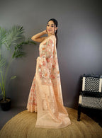 Joban Fashion Beige Floral Motifs Banarasi Silk Sarees | Grocsy