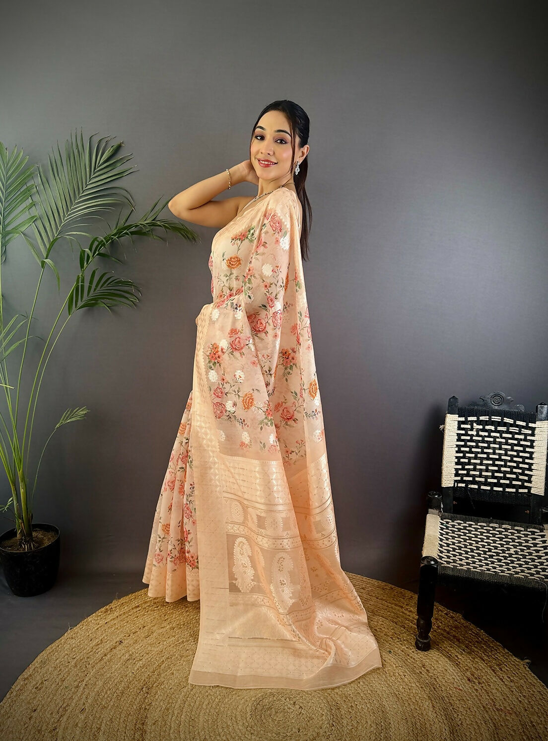 Joban Fashion Beige Floral Motifs Banarasi Silk Sarees | Grocsy