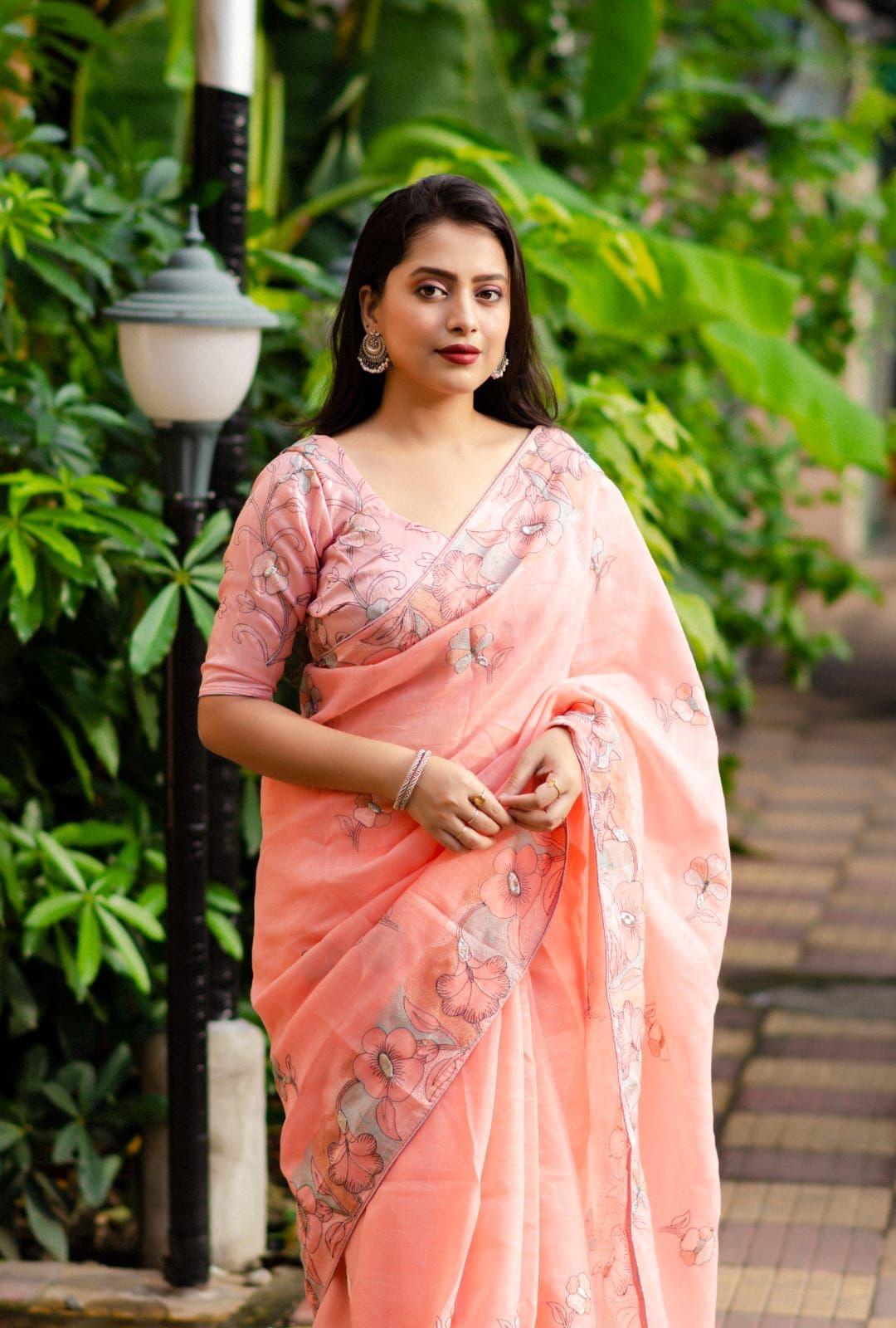 Pink Pure Linen Ethnic Motifs Saree with Unstitched Blouse - A2M | Grocsy