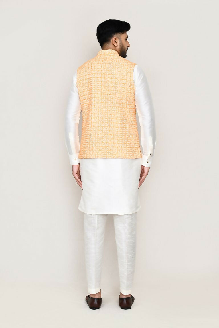 Joban Fashion White Colored Art Silk Fabric Kurta, Jacket With Straight Fit Pant | Grocsy