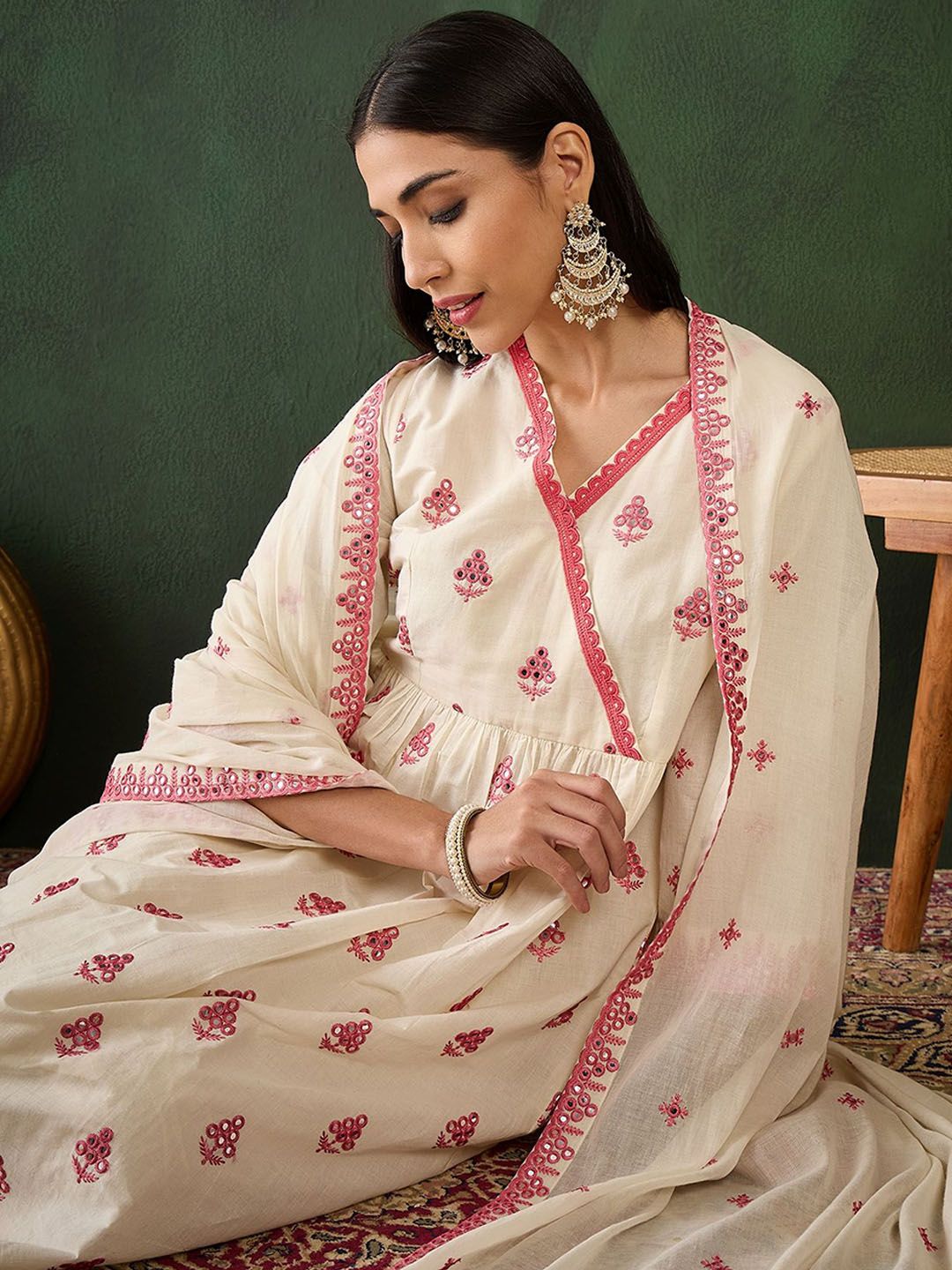 Sangria Off White Floral Embroidered Pure Cotton Mirror Work Kurta & Trouser With Dupatta | Grocsy