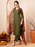 Janasya Olive Straight Rayon Slub Kurta,Bottom & Dupatta | Grocsy