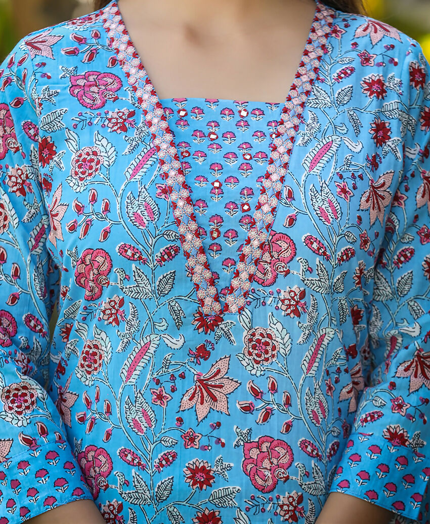 Kaajh Women's Blue Printed Kurta Pant Set With Dupatta | Grocsy