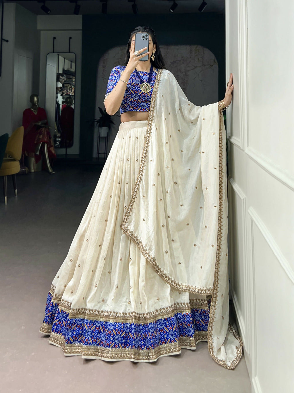 Lorenvalley Fashion White Vichitra Silk Sequins and Thread Embroidery Work Lehenga Choli with Dupatta | Grocsy