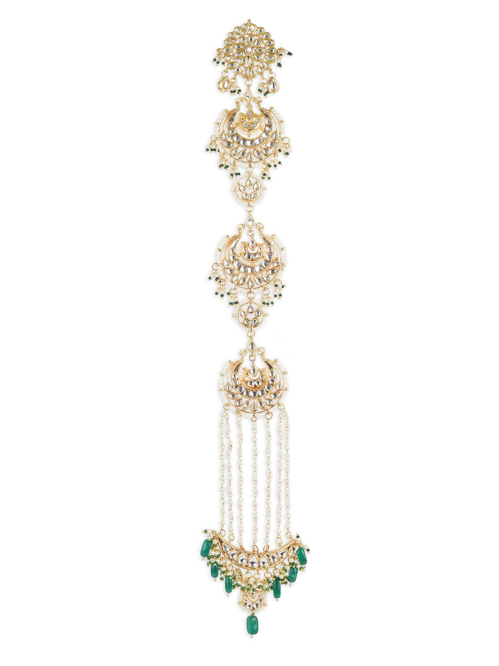 Gold-Polished Green Kundan Stone-Studded Head Chain - Ruby Raang | Grocsy