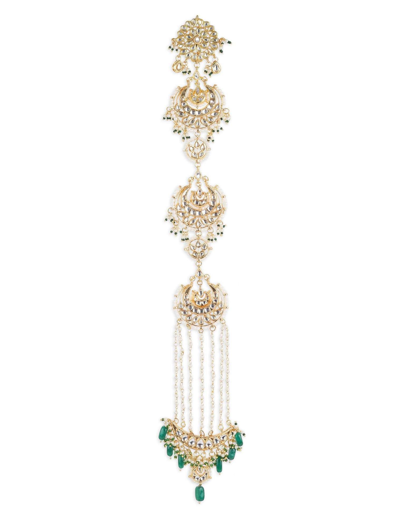 Gold-Polished Green Kundan Stone-Studded Head Chain - Ruby Raang | Grocsy