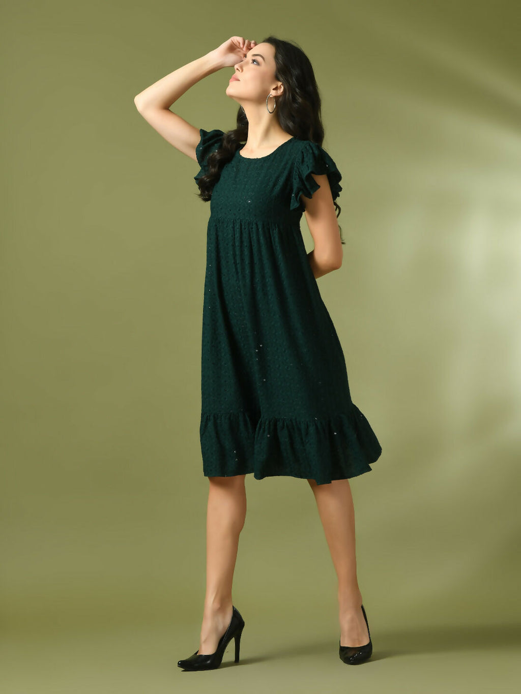 Myshka Women's Green Embroidered Cotton Round Neck A-Line Party Dress | Grocsy