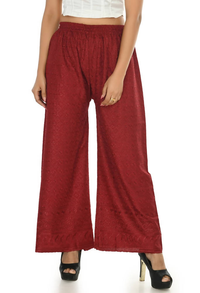 Mominos Fashion Moeza Reyon Cotton Maroon Color Chikan Work Palazzo | Grocsy