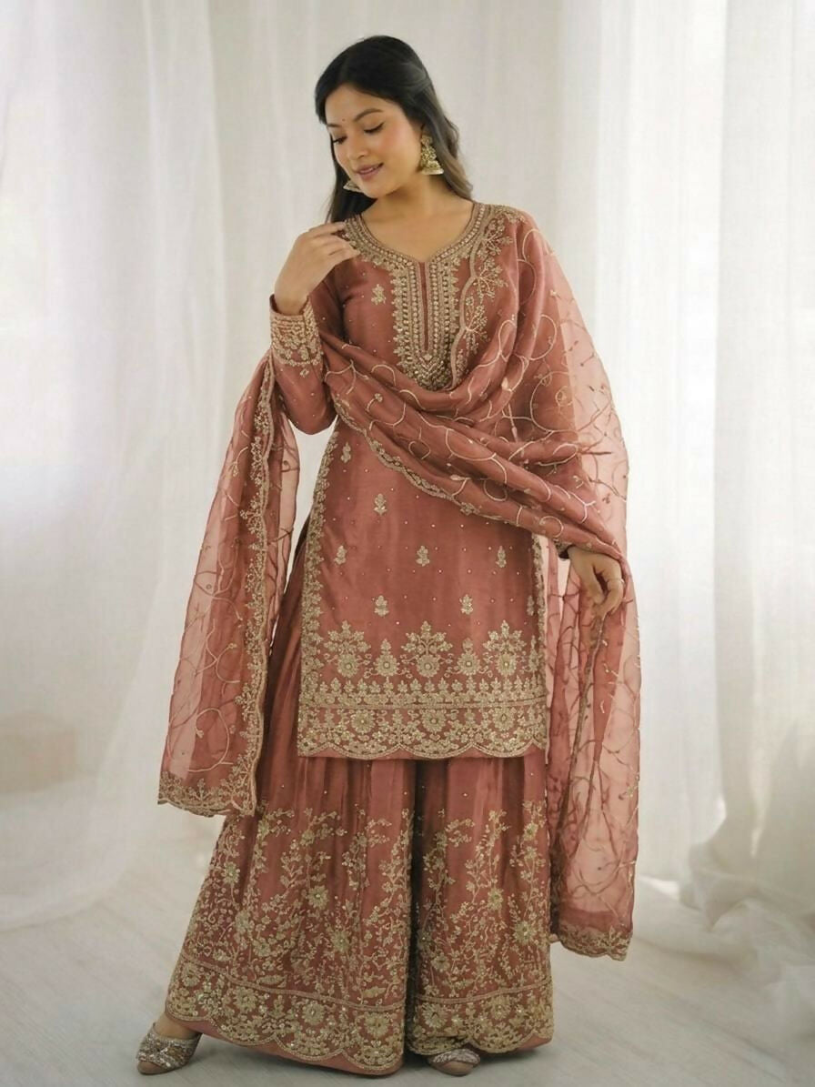 Teeya Creation Peach Color Gymmi Silk Embroidery Work Wedding Wear Sharara Set | Grocsy