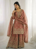 Teeya Creation Peach Color Gymmi Silk Embroidery Work Wedding Wear Sharara Set | Grocsy